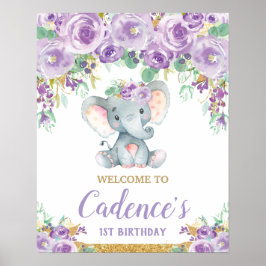 パープルフラワーゾウ 1歳の女の子の誕生日おめでとう ポスター