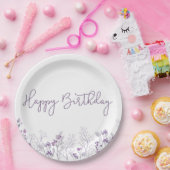 パープルフラワーハッピーバースデー紙プレート ペーパープレート (パーティー)