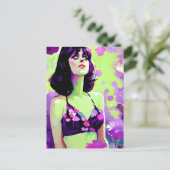 パープルフラワーパワーレトロウーマン絵画ズ ポストカード (スタンド正面)