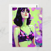 パープルフラワーパワーレトロウーマン絵画ズ ポストカード (正面/裏面)
