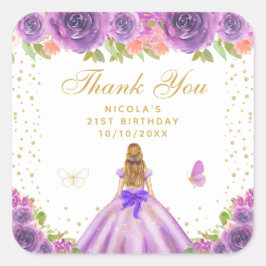 パープルフラワーブロンドヘアプリンセス誕生日パーティー スクエアシール