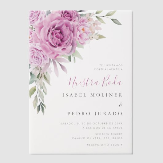 パープルフラワーブーケヌエストラボダスペインの結婚ズ ベラム紙招待状 (正面)