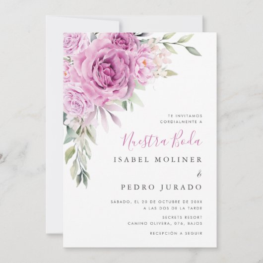 パープルフラワーブーケヌエストラボダスペインの結婚ズ 招待状 (正面)