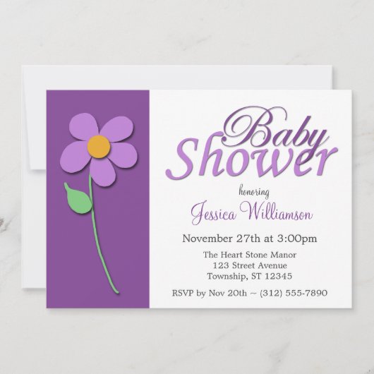 パープルフラワーベビーシャワー招待状 招待状 (正面)