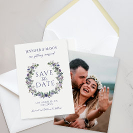 パープルフラワーボホ日付保存フォト招待状 招待状