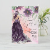 パープルフラワーレディーインロングガウン18誕生日 招待状 (スタンド正面)
