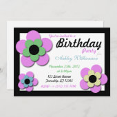 パープルフラワーレトロダズル誕生日招待状 招待状 (正面/裏面)