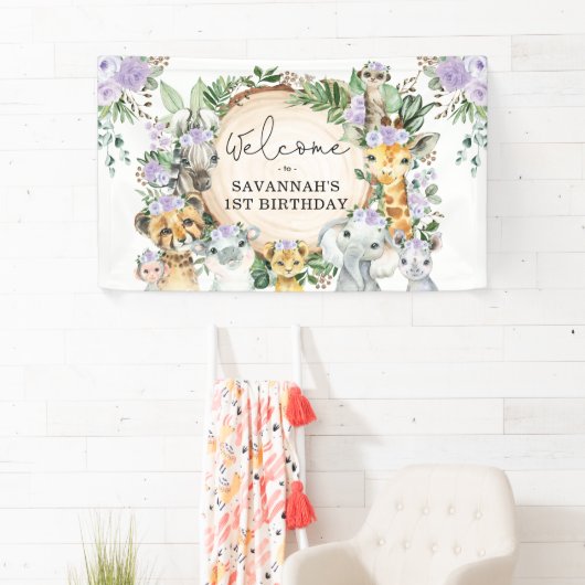 パープルフラワーワイルドサファリアニマルズ誕生日へようこそ 横断幕 (インサイチュ)