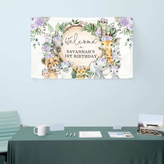 パープルフラワーワイルドサファリアニマルズ誕生日へようこそ 横断幕 (トレードショー)