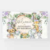 パープルフラワーワイルドサファリアニマルズ誕生日へようこそ 横断幕 (横)