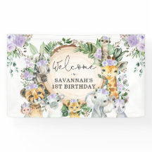 パープルフラワーワイルドサファリアニマルズ誕生日へようこそ