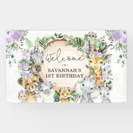 パープルフラワーワイルドサファリアニマルズ誕生日へようこそ 横断幕