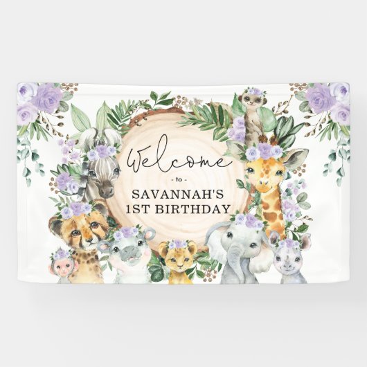 パープルフラワーワイルドサファリアニマルズ誕生日へようこそ 横断幕 (横)
