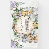 パープルフラワーワイルドサファリアニマルズ誕生日へようこそ 横断幕 (縦)