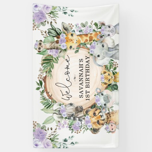 パープルフラワーワイルドサファリアニマルズ誕生日へようこそ 横断幕 (縦)