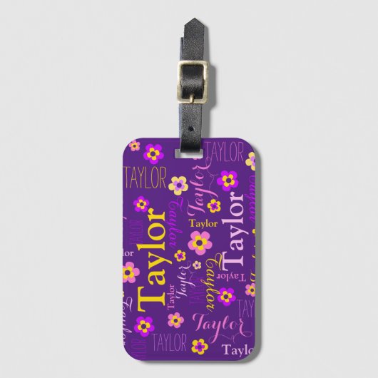 パープルフラワー名前をカスタムするテイラーアート ラゲッジタグ (正面縦)