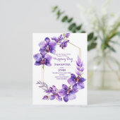 パープルフラワー結婚式招待状はがき ポストカード (スタンド正面)