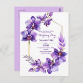 パープルフラワー結婚式招待状はがき ポストカード (正面/裏面)