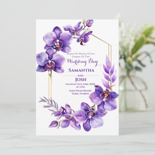 パープルフラワー結婚式招待状 招待状 (スタンド正面)