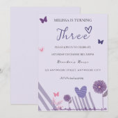 パープルフラワー誕生日パーティー 招待状 (正面/裏面)