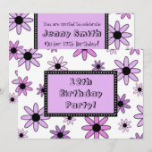 パープルフラワー12歳誕生日パーティー招待状カード 招待状 (正面/裏面)
