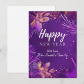 パープルフラワー ハッピーニューイヤー フラット ホリデー カード (正面/裏面)