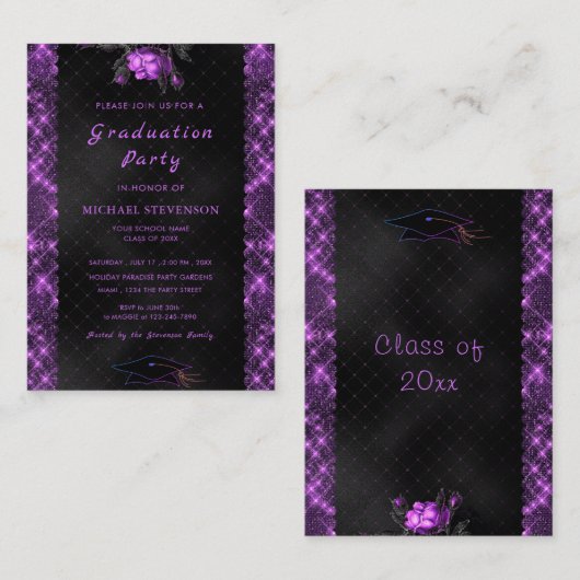 パープルフレームブラック卒業招待状テンプレート ノートカード (正面/裏面)