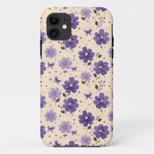 パープルフローアーズアンドバタフライ フローラル携帯電話ケース iPhone 11 ケース