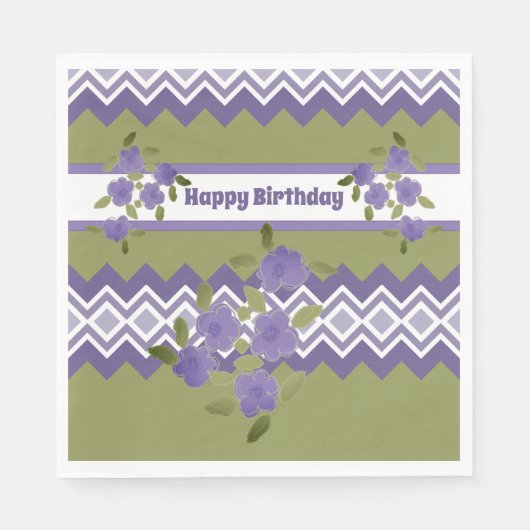 パープルフローズハッピーバースデー紙ナプキンス スタンダードランチョンナプキン (正面)