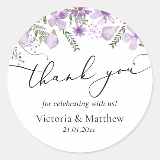 パープルフローラありがとう結婚式の引き出物シール ラウンドシール (正面)