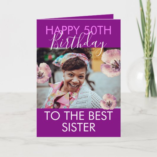 パープルフローラおもしろいフォトシスター50誕生日 カード (正面)