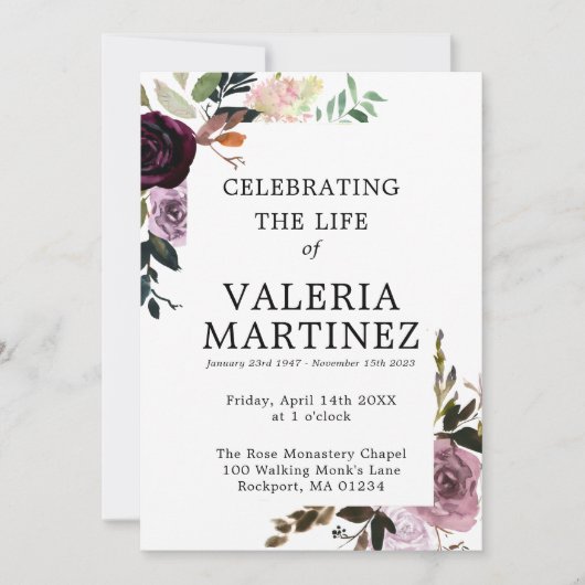 パープルフローラお祝い生涯葬式 招待状 (正面)