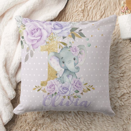 パープルフローラかわいいゾウ1歳の誕生日の記念 クッション (ブランケット)