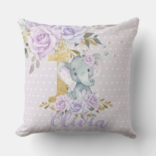 パープルフローラかわいいゾウ1歳の誕生日の記念 クッション (正面)