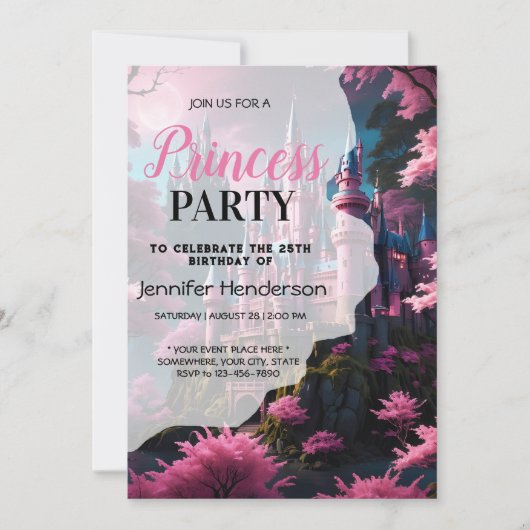 パープルフローラかわいいプリンセスバースデーガール 招待状 (正面)