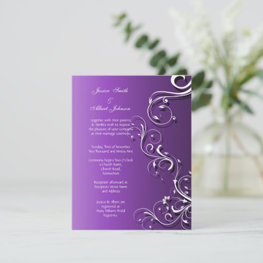パープルフローラかわいい渦巻き旋回結婚式招待状 招待状 (スタンド正面)