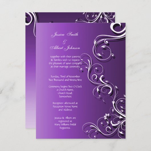 パープルフローラかわいい渦巻き旋回結婚式招待状 招待状 (正面/裏面)