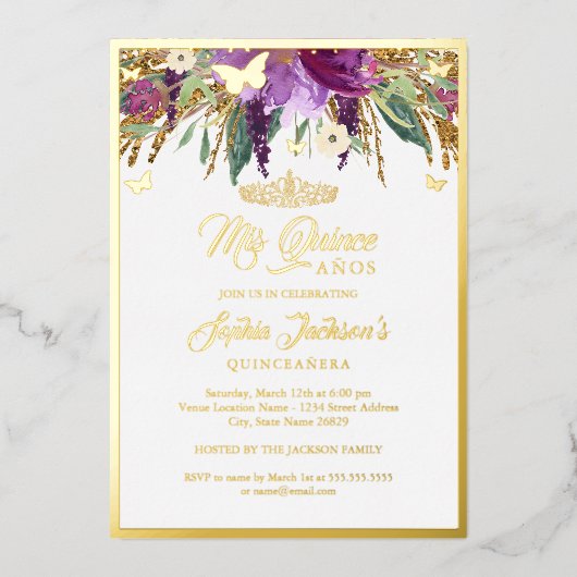 パープルフローラきらめくアメジストキンセアニェラ 箔招待状 (正面)