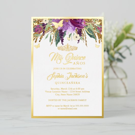 パープルフローラきらめくアメジストキンセアニェラ 箔招待状 (立ち正面)