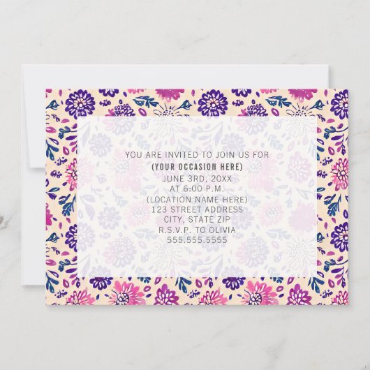 パープルフローラすべての目的の汎用パーティー 招待状 (正面)