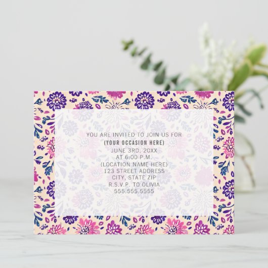 パープルフローラすべての目的の汎用パーティー 招待状 (スタンド正面)