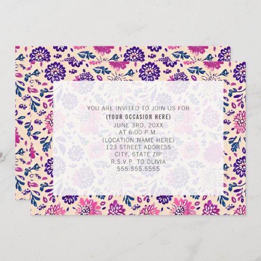 パープルフローラすべての目的の汎用パーティー 招待状 (正面/裏面)