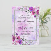 パープルフローラとシルバーフレーム結婚式招待状 招待状 (スタンド正面)