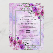 パープルフローラとシルバーフレーム結婚式招待状 招待状 (正面/裏面)