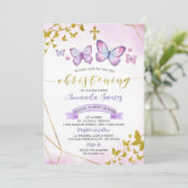 パープルフローラとバタフライ《キリスト教》洗礼式や命名式招待状 招待状 (スタンド正面)