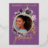 パープルフローラとフォイルフォトグラードパーティー招待状 箔シーズンカード (正面)