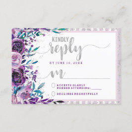 パープルフローラと結婚シルバーの返信RSVP 出欠カード