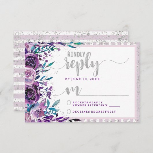 パープルフローラと結婚シルバーの返信RSVP 出欠カード (正面/裏面)