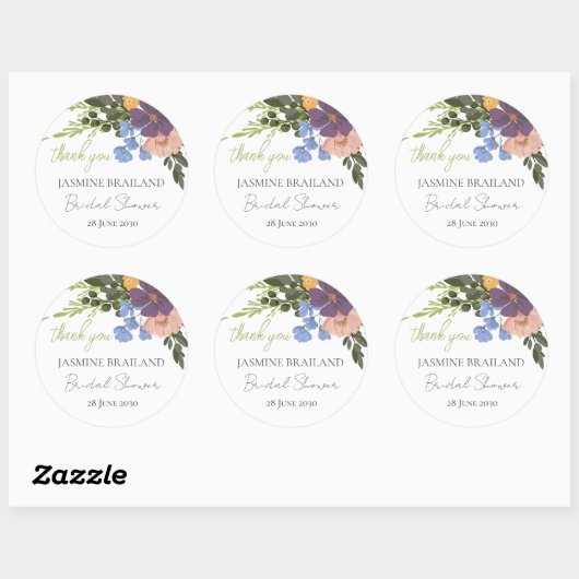 パープルフローラと緑のブライダルシャワーありがとう ラウンドシール (シート)