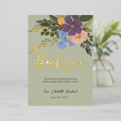パープルフローラと緑のブライダルシャワーありがとう 箔招待状 (立ち正面)